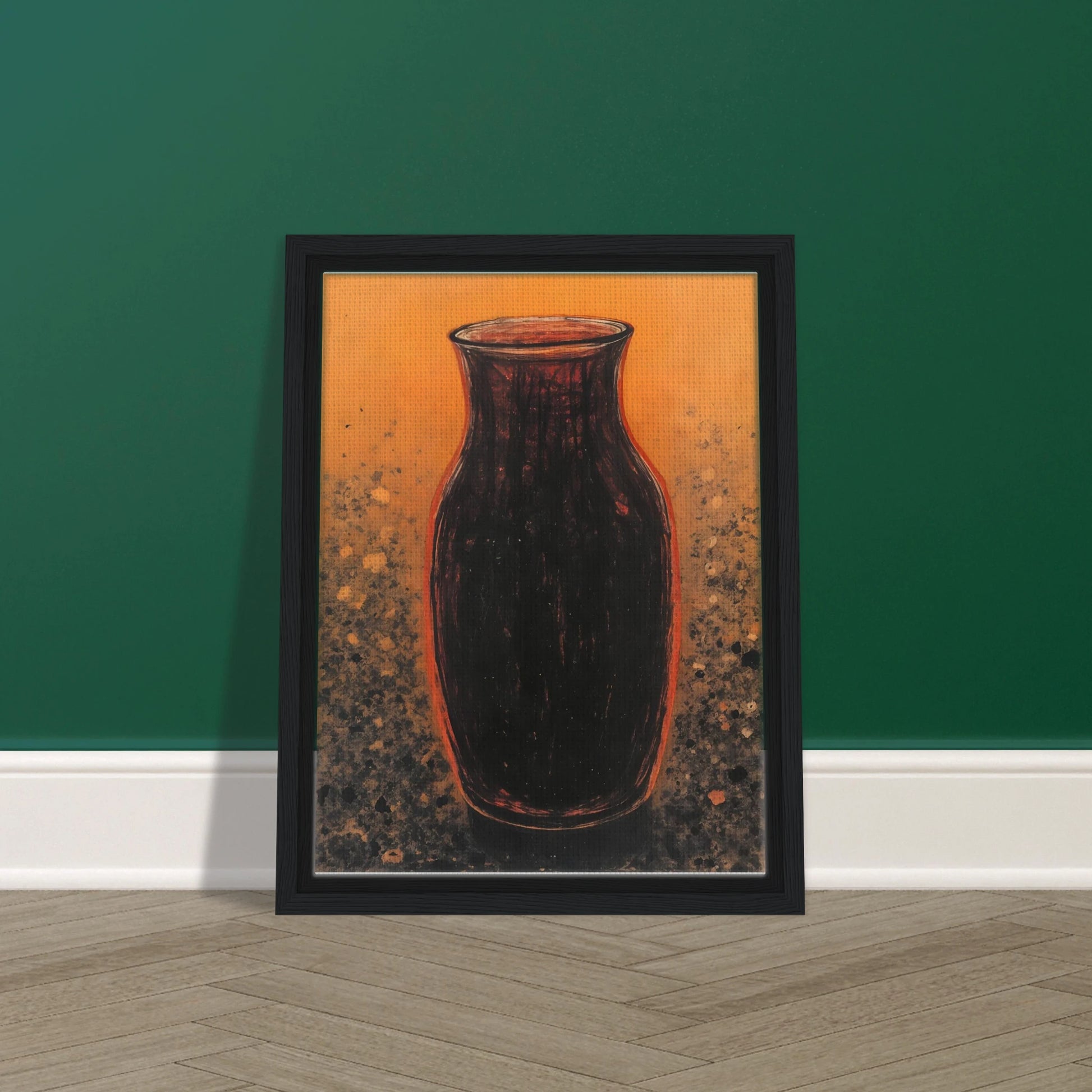 Dark sculptural vase rises against a glowing amber field with textured speckled earth tones, evoking warmth and ancient elegance.