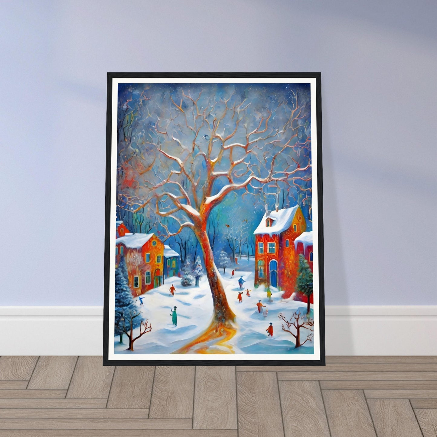 A whimsical winter scene featuring a large, glowing tree surrounded by colorful houses and joyful people playing in the snow under a vibrant blue sky.