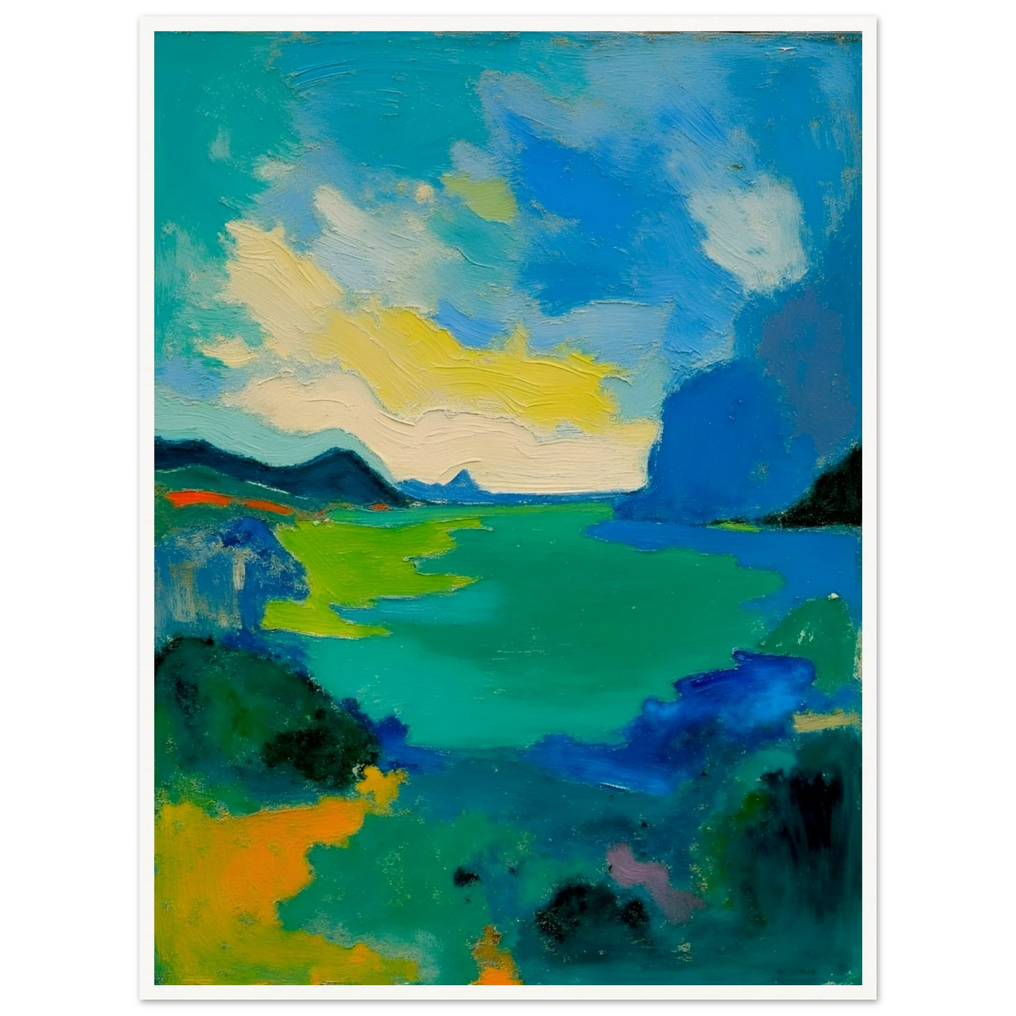 Vivid turquoise waters stretch beneath sweeping blue skies, framed by dark hills and glowing green shorelines.