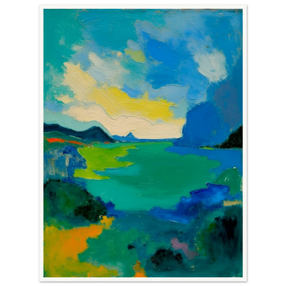 Vivid turquoise waters stretch beneath sweeping blue skies, framed by dark hills and glowing green shorelines.