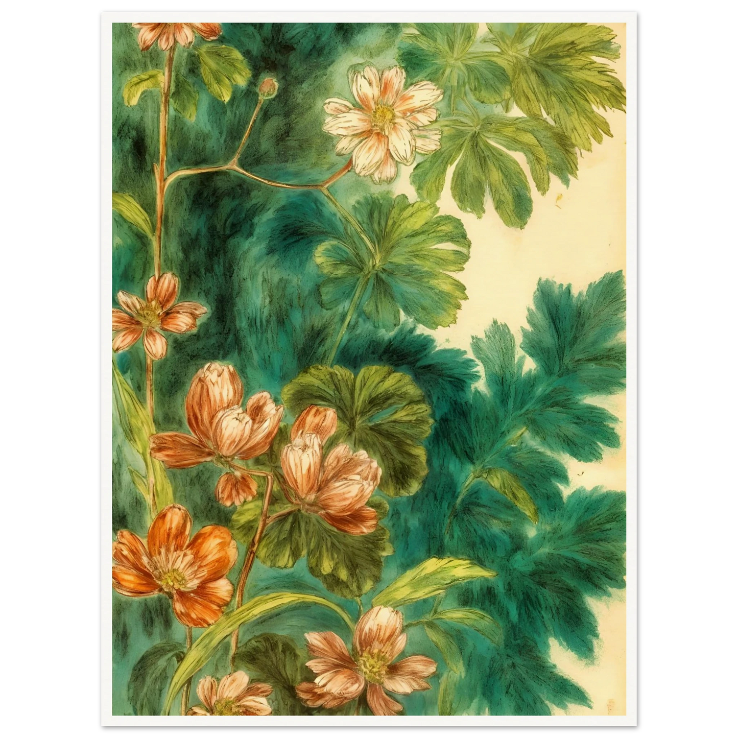 Delicate peach blossoms and layered green leaves drift across a lush teal backdrop, creating a botanical tapestry of softness and movement.