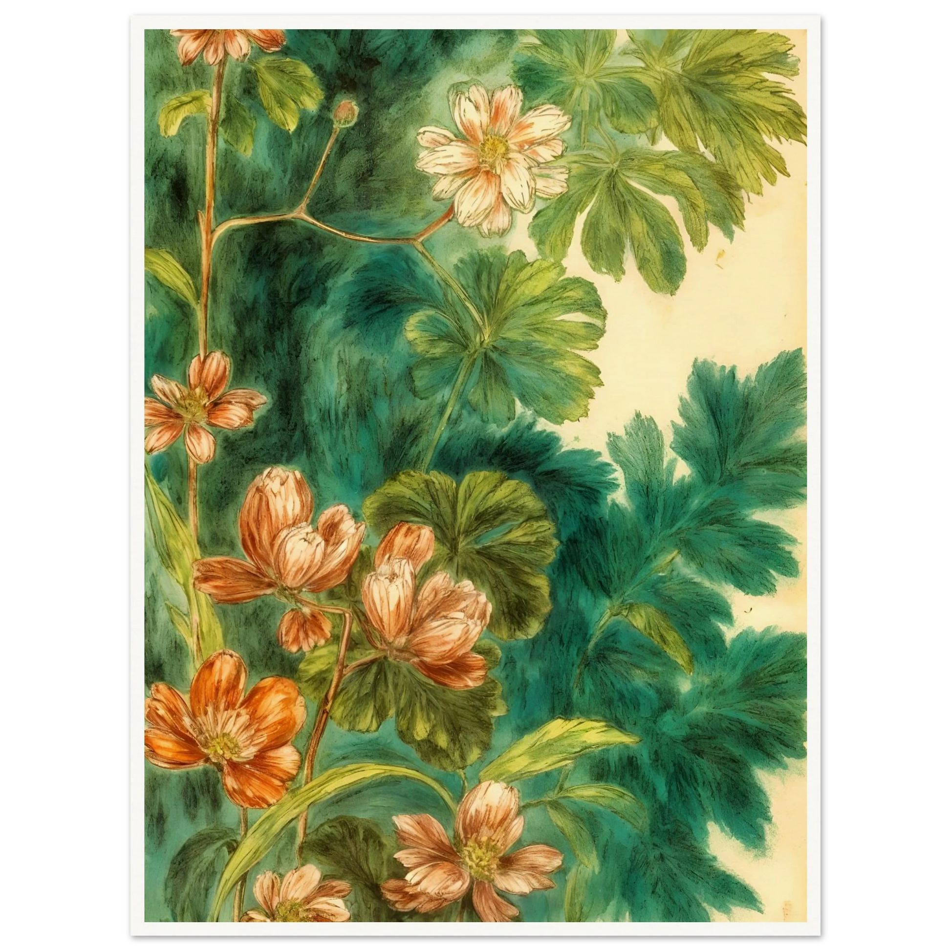 Delicate peach blossoms and layered green leaves drift across a lush teal backdrop, creating a botanical tapestry of softness and movement.