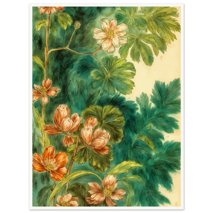 Delicate peach blossoms and layered green leaves drift across a lush teal backdrop, creating a botanical tapestry of softness and movement.