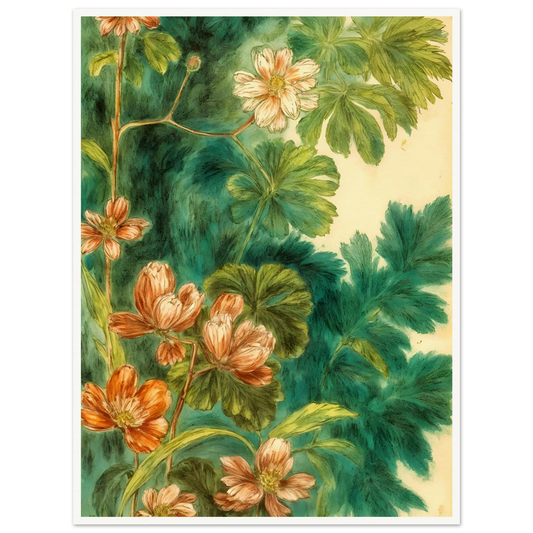 Delicate peach blossoms and layered green leaves drift across a lush teal backdrop, creating a botanical tapestry of softness and movement.