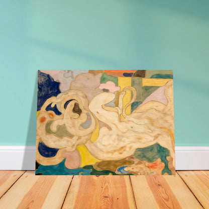 Cream-toned flowing shapes weave through soft blocks of blue, green, yellow, and pink in a dreamlike composition.