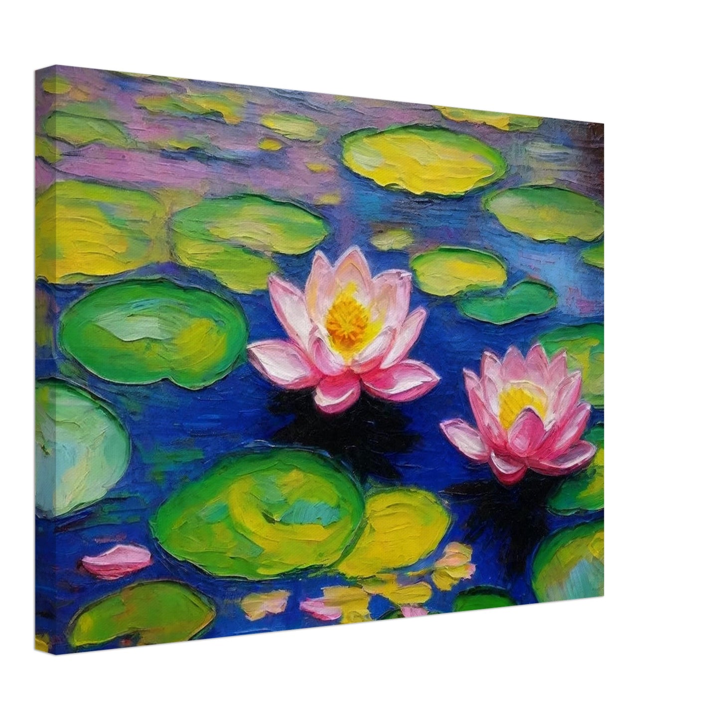 A vibrant painting of two pink water lilies floating among green lily pads on a serene blue pond.