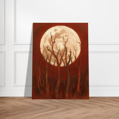 A glowing full moon rises behind twisted, leafless trees against a deep crimson sky, casting an eerie yet powerful atmosphere.