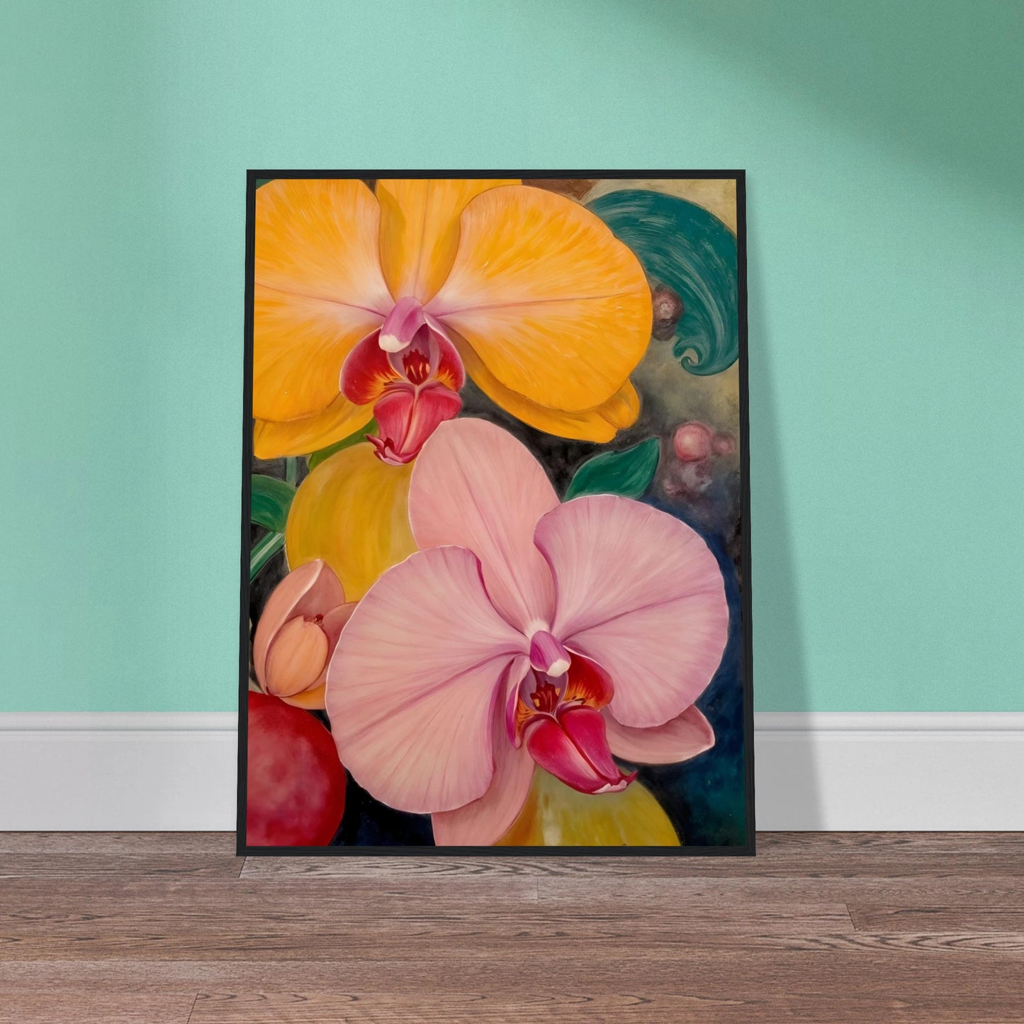 A vibrant floral painting featuring large blooming orchids in shades of golden yellow and soft blush pink, with rich magenta centers set against a dark, decorative background with lush green accents.