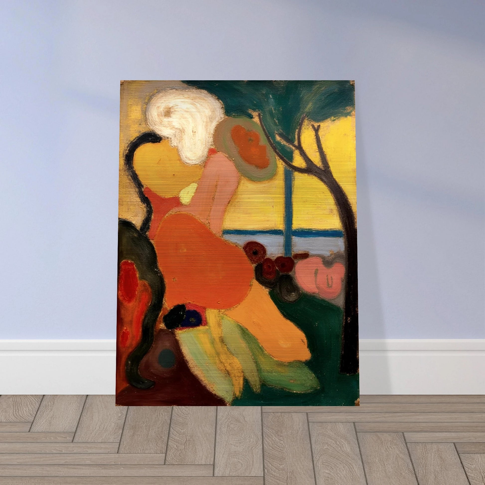 An expressive painting of two figures near the sea, surrounded by warm oranges, yellows, and greens under a gentle tree.