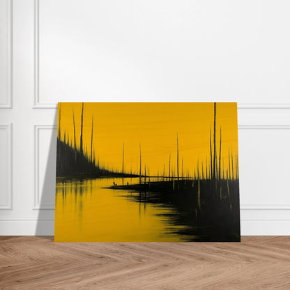 Tall black trees pierce a golden-yellow sky, reflected in still waters as tiny figures stand quietly in the surreal forest scene.