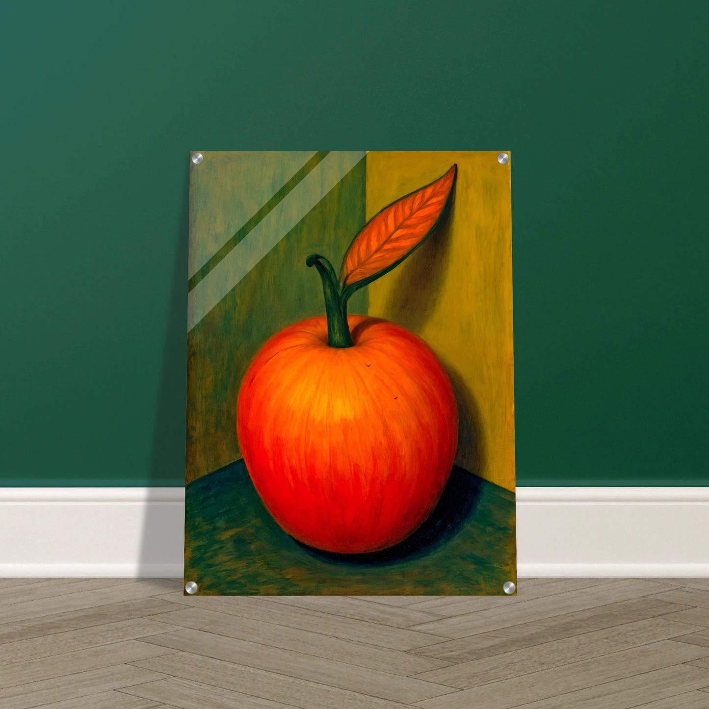 A bold still-life of a glowing red-orange fruit with a single leaf, casting soft shadows against a golden-green background.