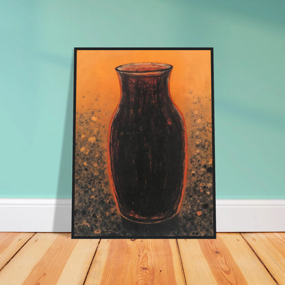 Dark sculptural vase rises against a glowing amber field with textured speckled earth tones, evoking warmth and ancient elegance.