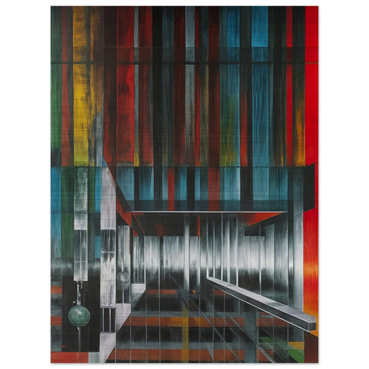 "A captivating artwork featuring vibrant vertical and horizontal lines in bold colors, creating an illusion of depth and a modern architectural space."
