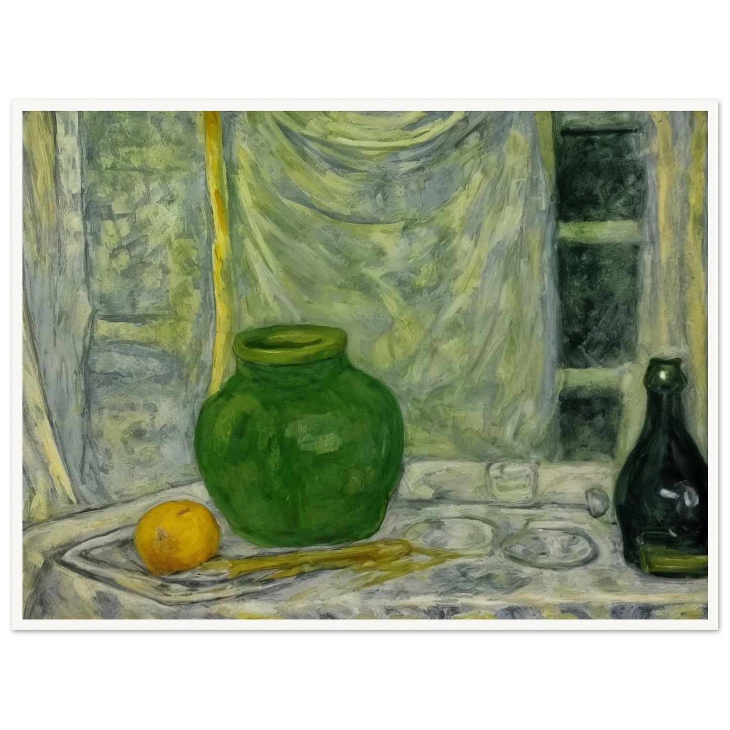 A still life painting featuring a green vase and bottle, alongside an orange on a draped table, set against a softly textured background.