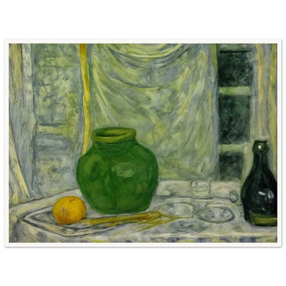 A still life painting featuring a green vase and bottle, alongside an orange on a draped table, set against a softly textured background.