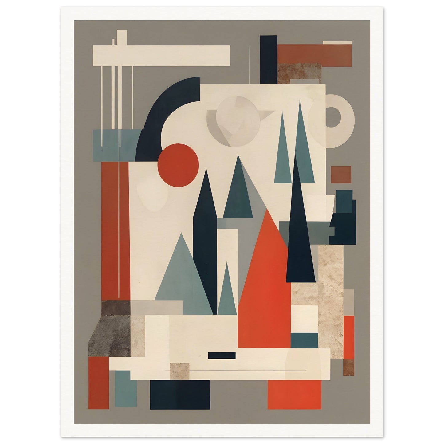 A modern geometric artwork featuring abstract triangular shapes resembling trees, complemented by circles and rectangles in muted tones of red, teal, and beige.