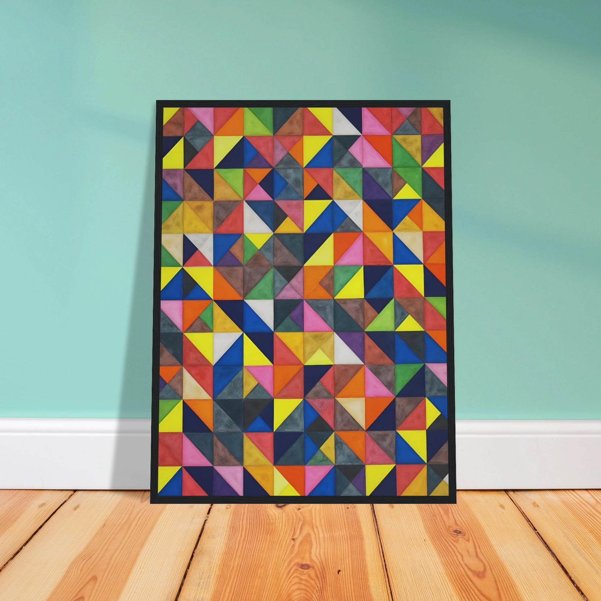 A vibrant grid of multicolored triangles forms an intricate mosaic of shifting patterns, blending symmetry, movement, and playful precision.