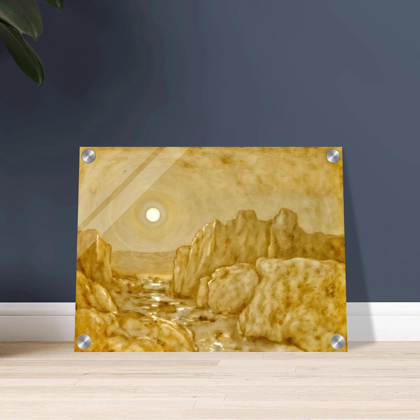 Golden canyon landscape beneath a radiant sun, with weathered stone cliffs and reflective waters glowing in warm sepia tones.