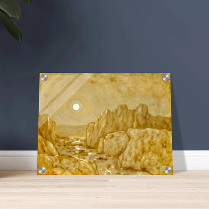 Golden canyon landscape beneath a radiant sun, with weathered stone cliffs and reflective waters glowing in warm sepia tones.