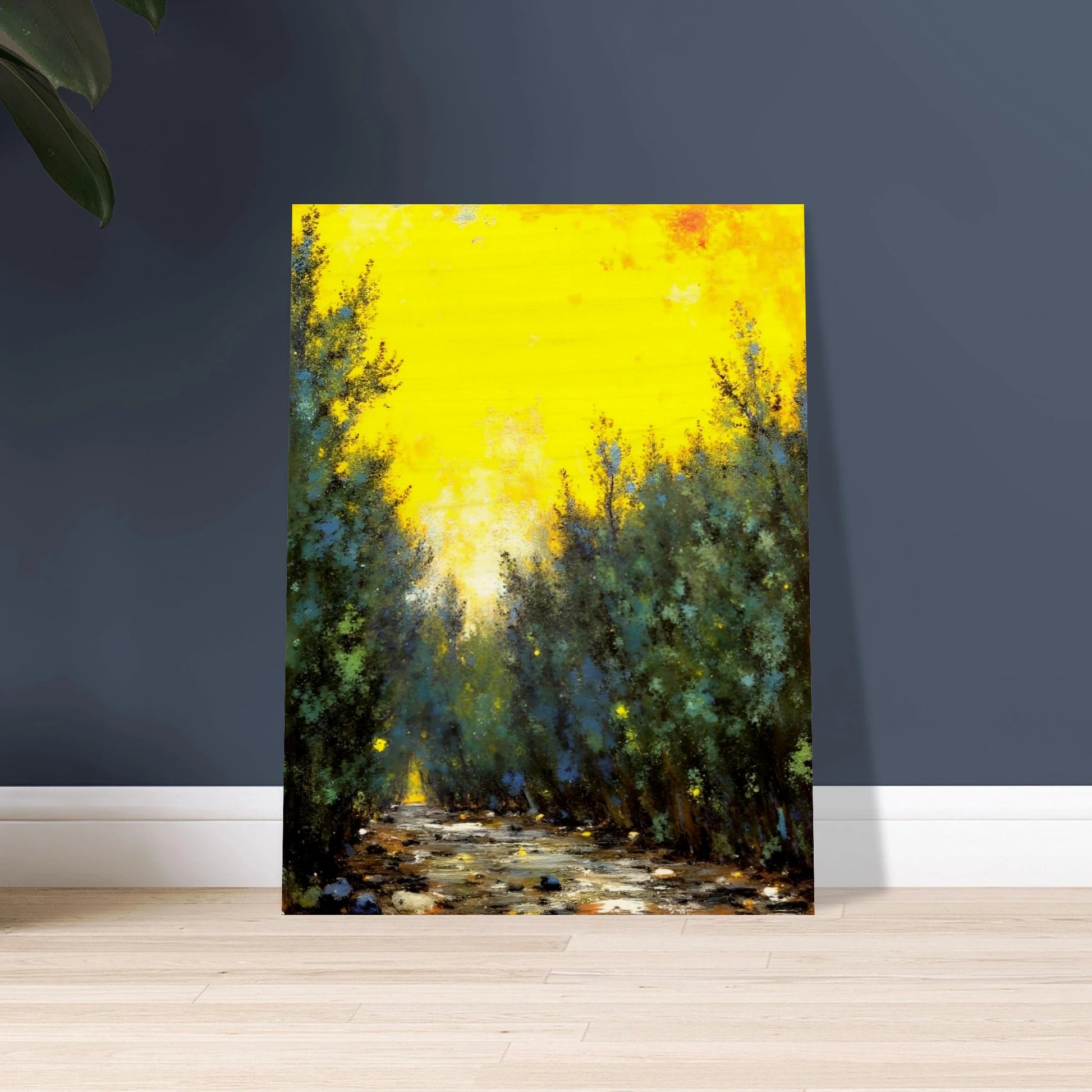 A glowing yellow sky illuminates a narrow forest path lined with lush green trees and scattered stones in soft sunlight.