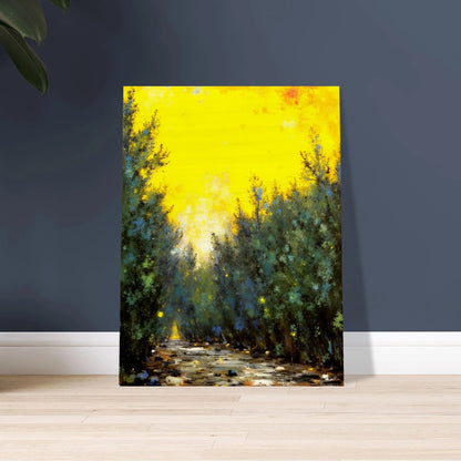 A glowing yellow sky illuminates a narrow forest path lined with lush green trees and scattered stones in soft sunlight.