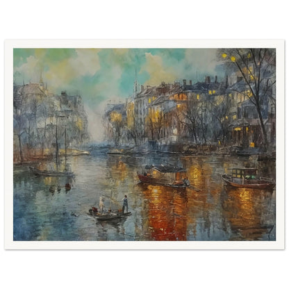 A tranquil evening scene of a canal with boats, illuminated buildings, and reflections on the water, creating a peaceful atmosphere.