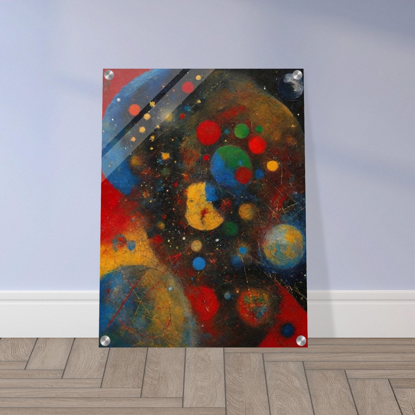 An abstract painting with vibrant colors and shapes, depicting a cosmic scene filled with celestial bodies.