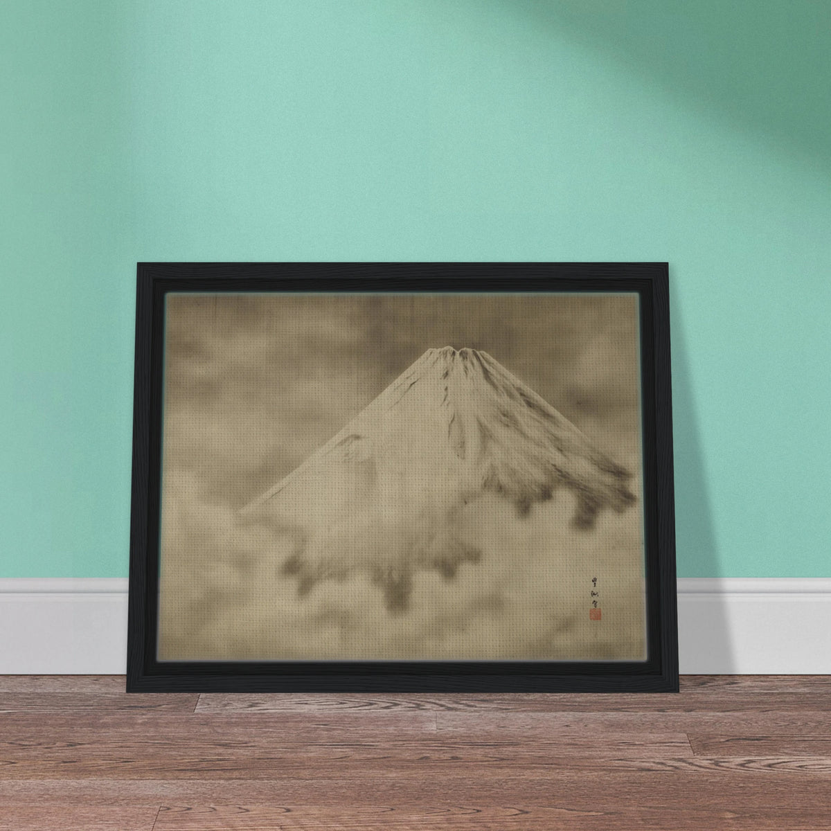 Snow-covered Mount Fuji rises through misty clouds in a soft monochrome Japanese landscape.