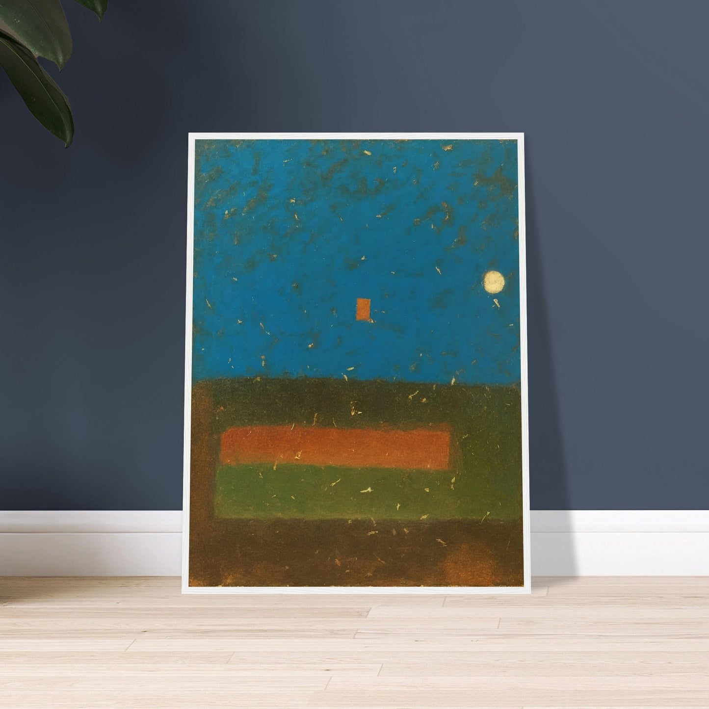 An abstract painting featuring a deep blue textured sky with a glowing moon, a red square, and earthy green and brown horizontal fields.