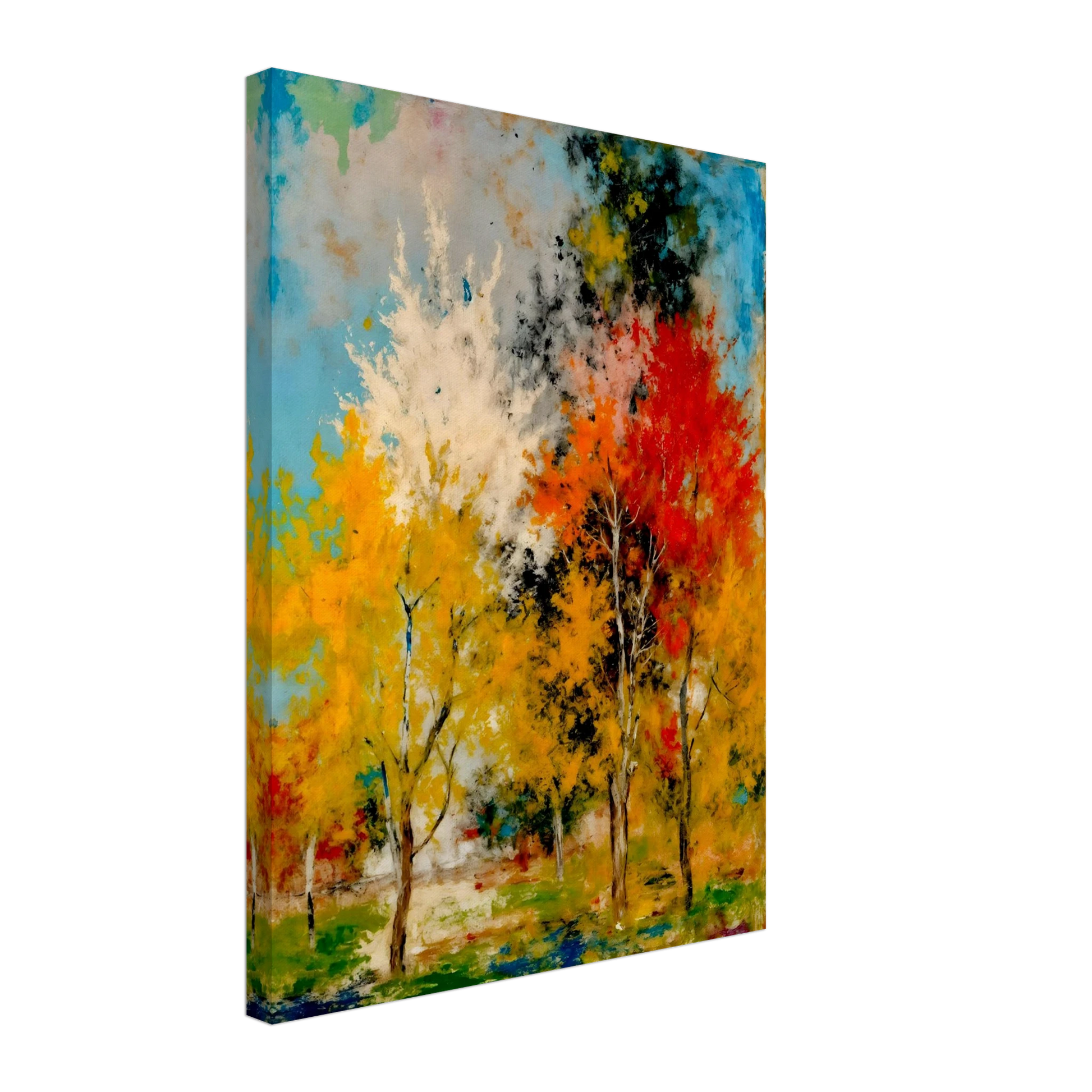 A vivid woodland painting of golden and crimson autumn trees beneath bright blue skies, bursting with expressive seasonal color.