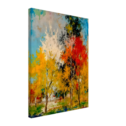 A vivid woodland painting of golden and crimson autumn trees beneath bright blue skies, bursting with expressive seasonal color.