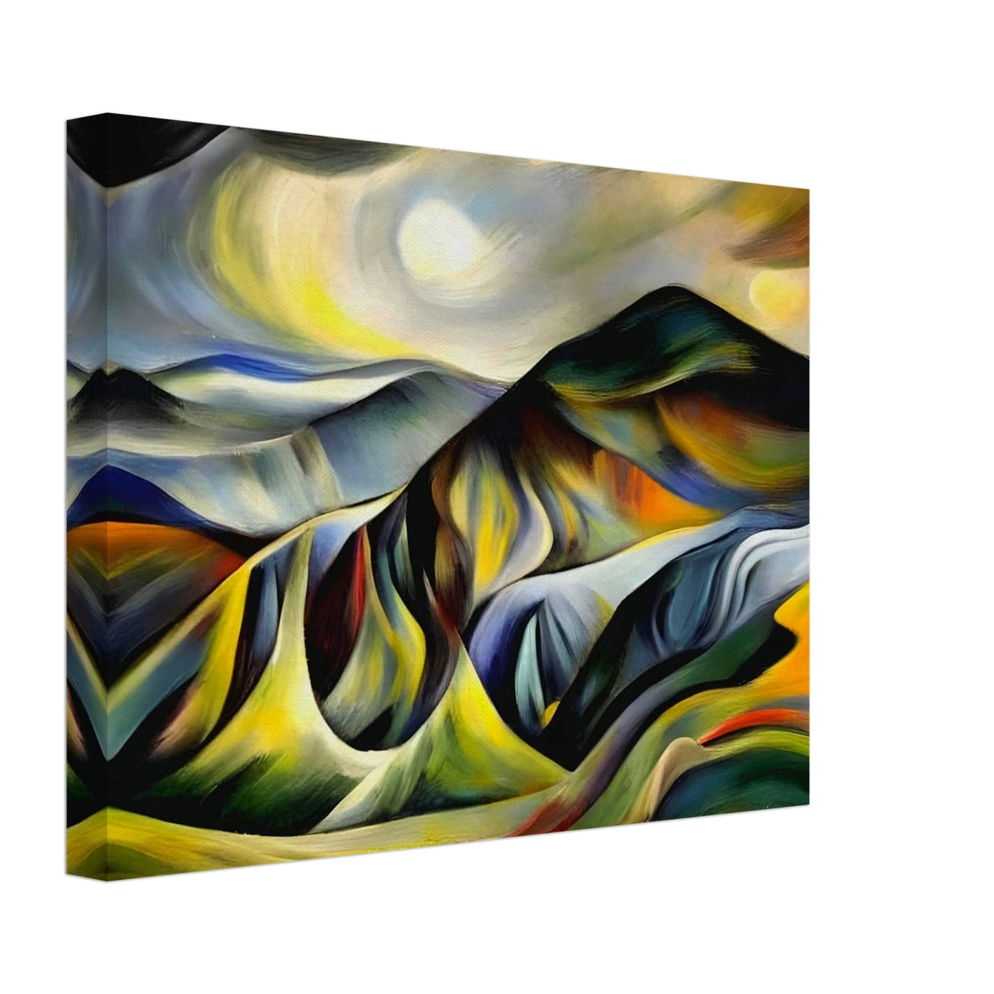 A vivid, abstract landscape painting featuring rolling mountains in rich shades of yellow, green, blue, and orange under a glowing sky.