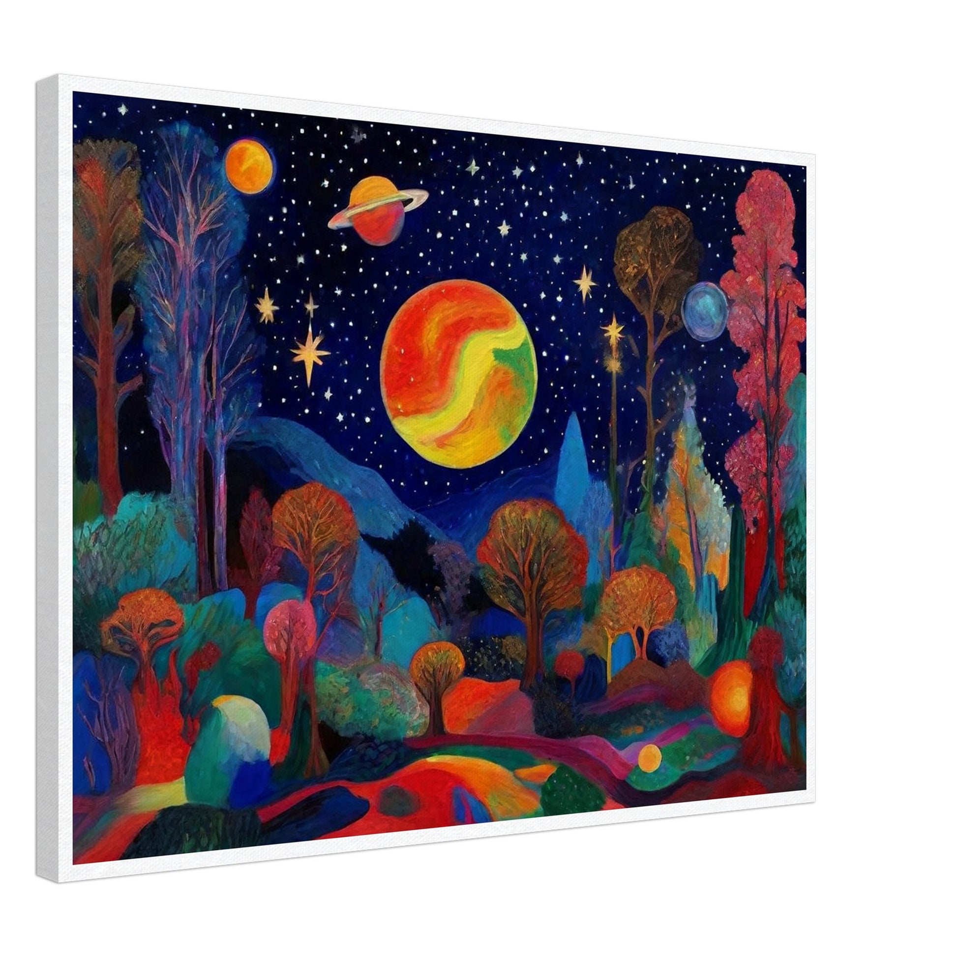 A vibrant landscape featuring trees and planets under a starry sky, with bold, bright colors creating a surreal cosmic scene.