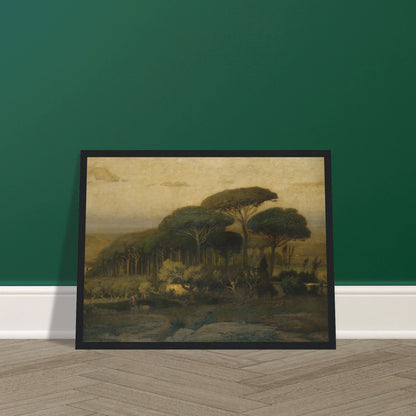 Umbrella pines rise over a quiet Italian landscape with fields and distant hills