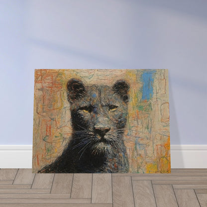 A powerful and regal painting of a panther with piercing yellow eyes and a colorful abstract background.