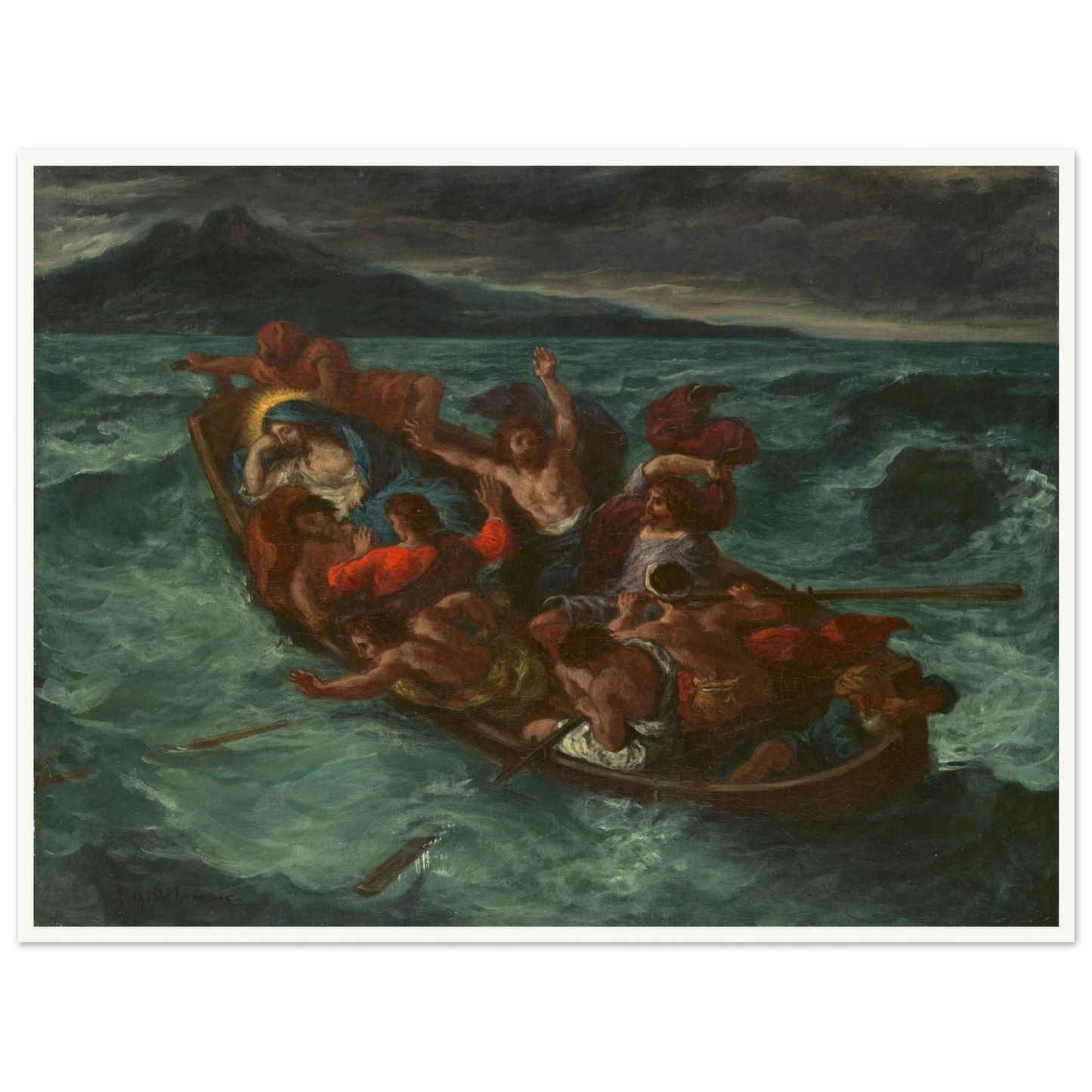 Christ sleeps in a crowded boat as terrified disciples struggle through a violent storm on a dark, churning sea.