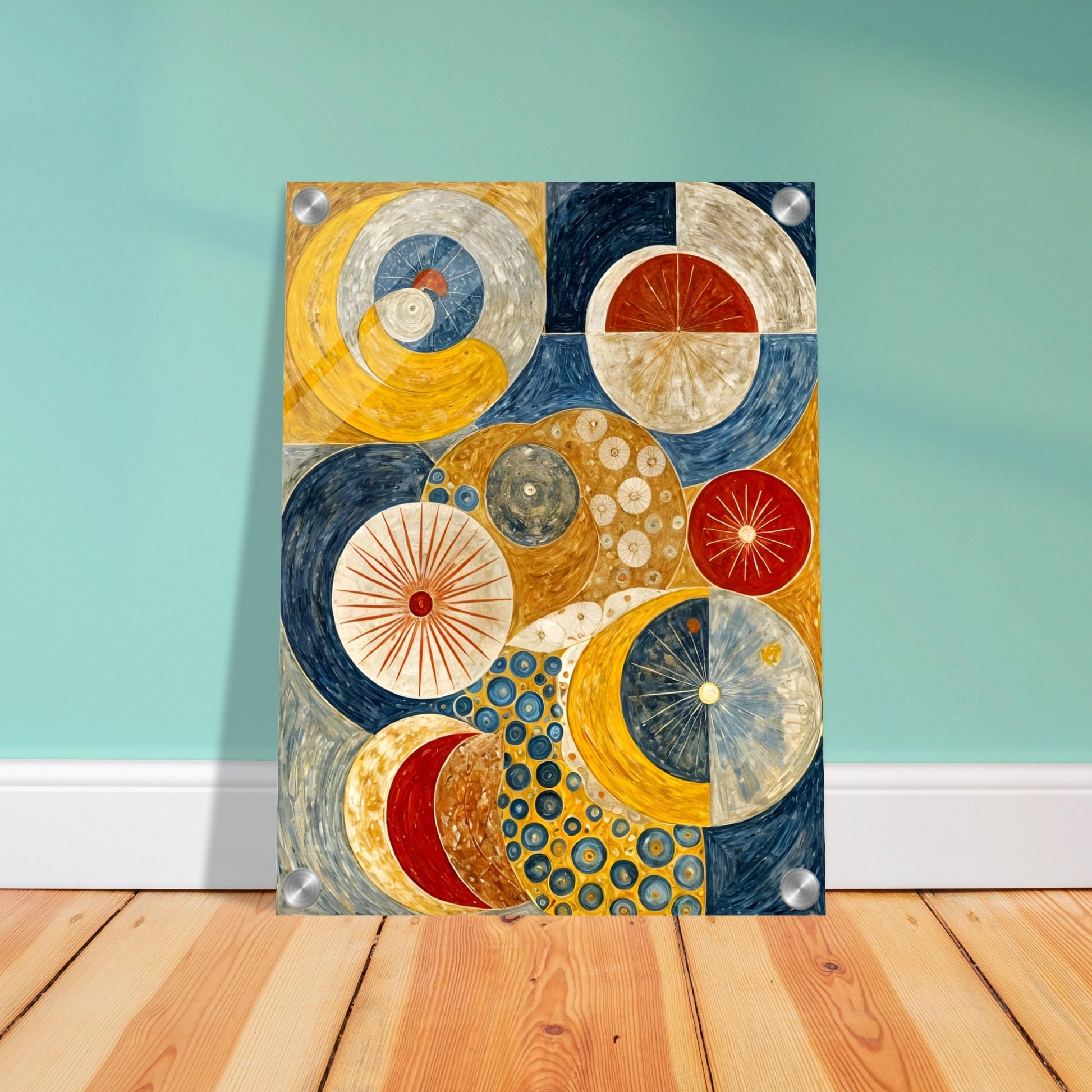 A celestial-inspired painting featuring intricate circular patterns, planetary orbits, and golden, blue, and red tones evoking a cosmic balance.
