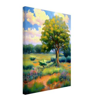 A lush, vibrant landscape featuring a majestic tree with golden-green leaves standing in a sunlit meadow, surrounded by wildflowers and rolling hills under a bright sky.