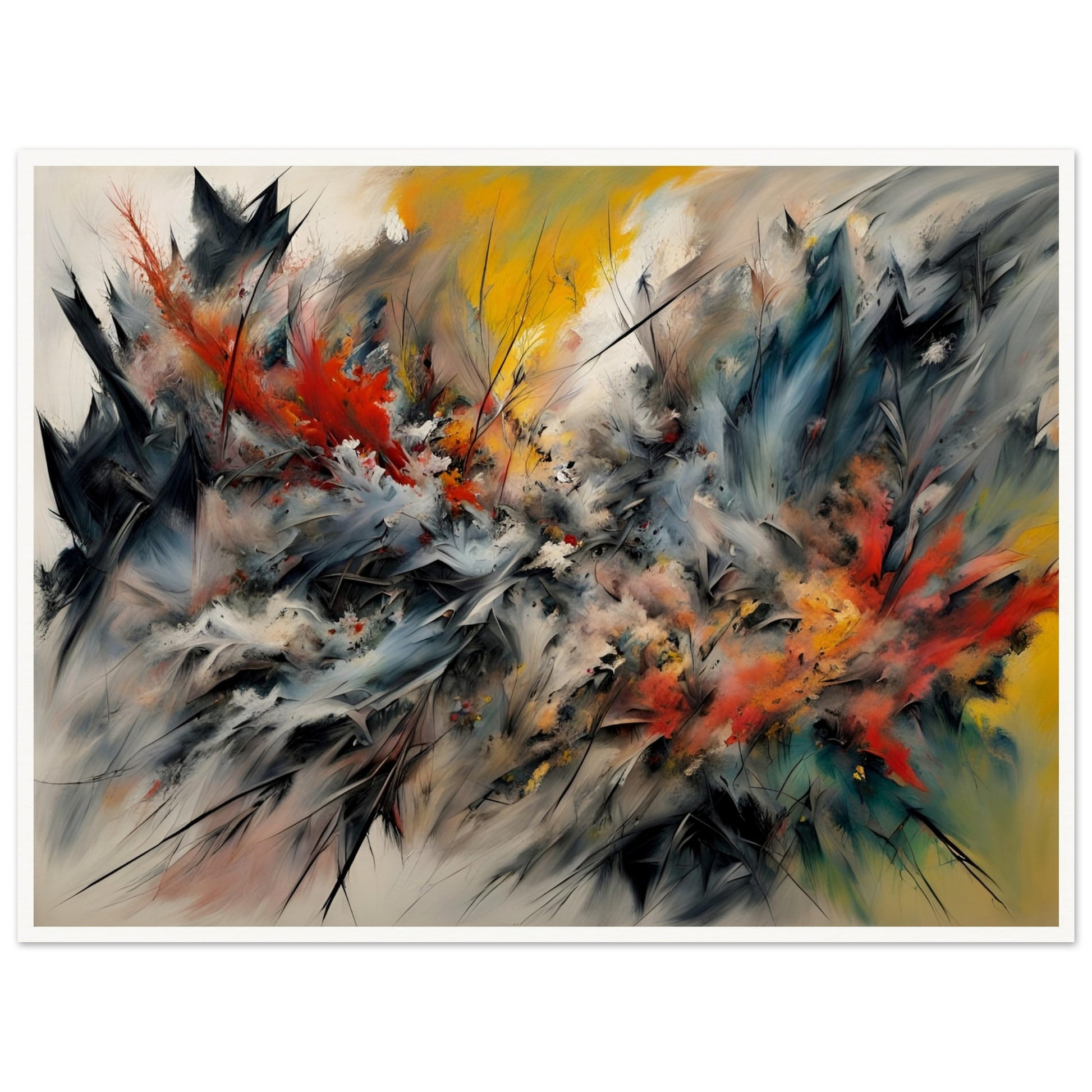 A striking painting with energetic brushstrokes of fiery red, deep blue, and golden yellow, resembling an intense natural explosion.