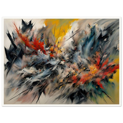 A striking painting with energetic brushstrokes of fiery red, deep blue, and golden yellow, resembling an intense natural explosion.