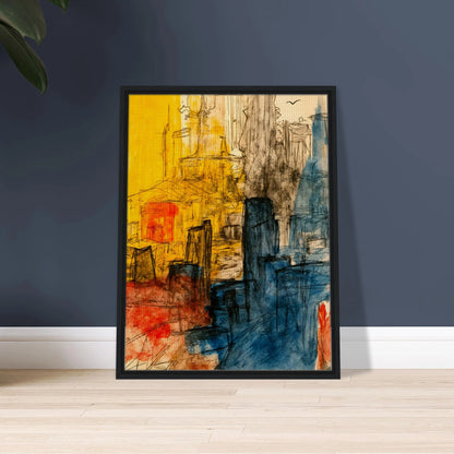 Expressive cityscape with golden facades, blue towers, and loose ink lines creating a vibrant urban atmosphere.