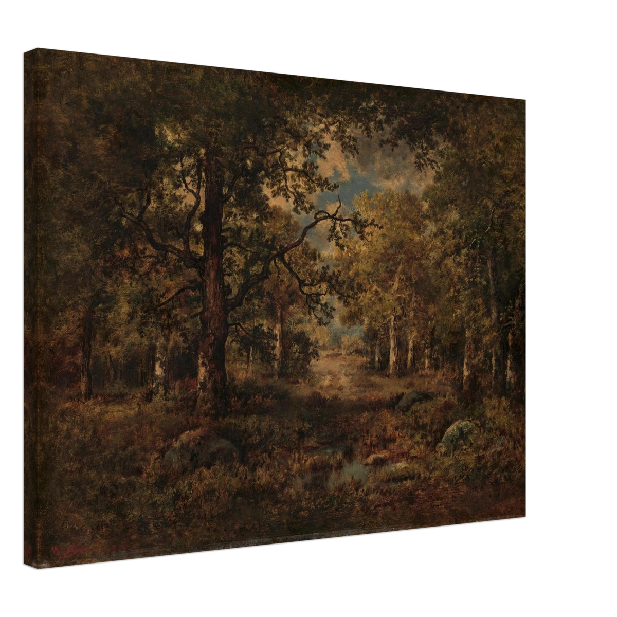 Wooded path opening to a sunlit view in Fontainebleau, with tall trees framing figures and a distant landscape.
