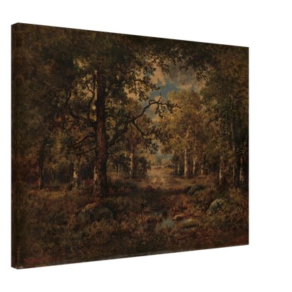 Wooded path opening to a sunlit view in Fontainebleau, with tall trees framing figures and a distant landscape.