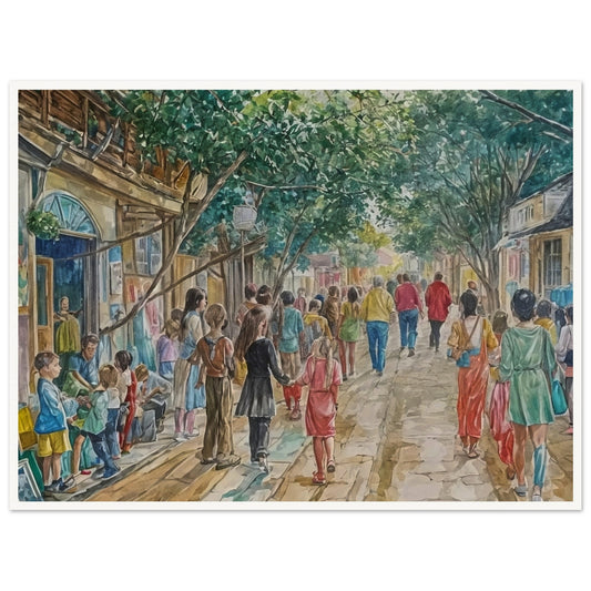 A lively street scene painting with people walking and engaging in various activities under the shade of trees.