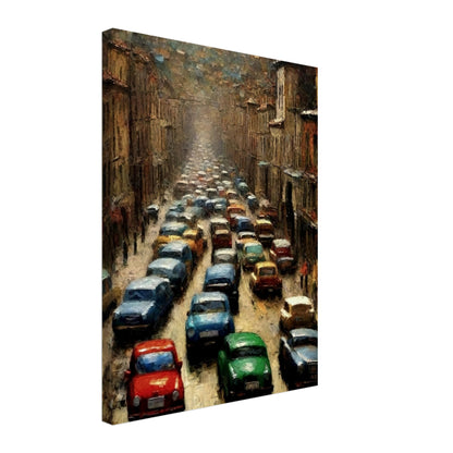 "A densely packed painting of colorful cars lined up in a busy city street, depicting the chaotic energy of a traffic jam on an urban road surrounded by tall buildings."