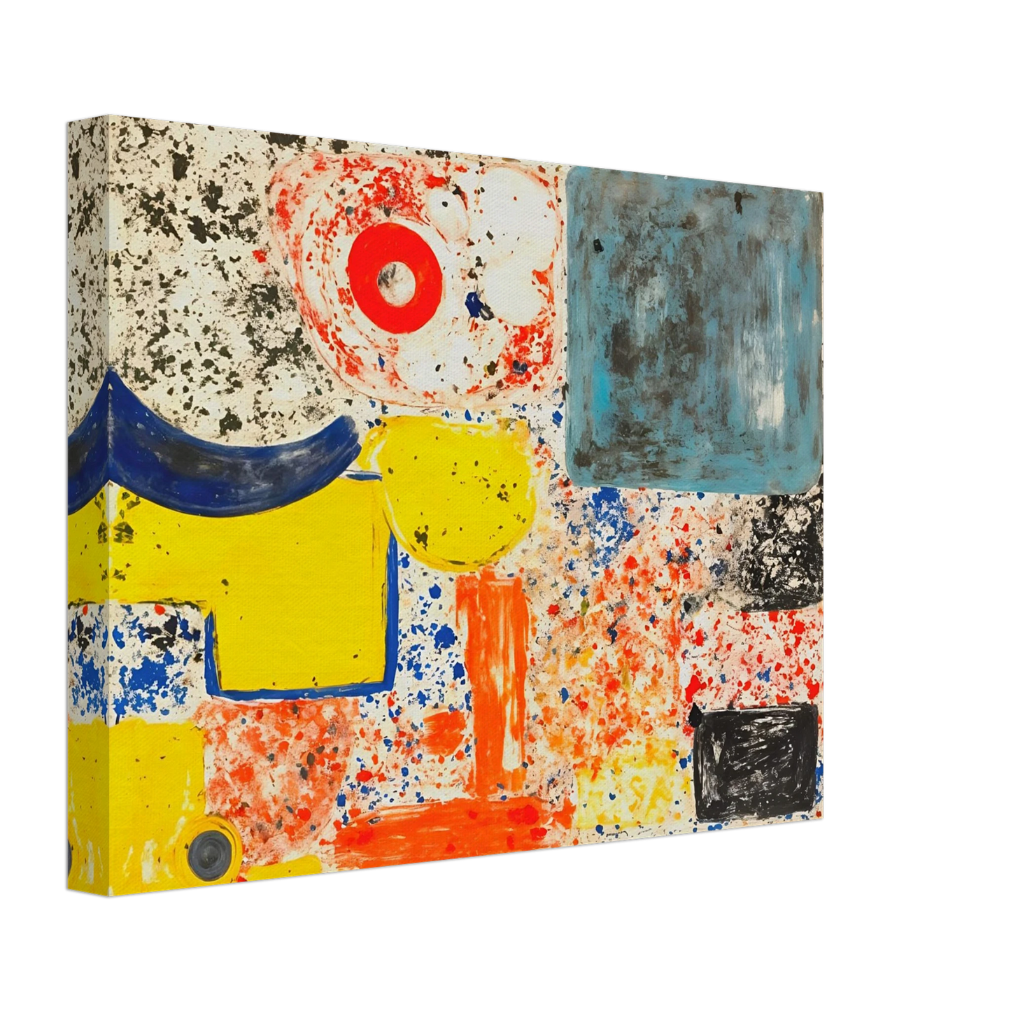Bright yellow, blue, red, and orange shapes scatter across a speckled white field with bold black marks.