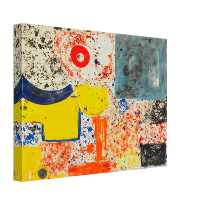 Bright yellow, blue, red, and orange shapes scatter across a speckled white field with bold black marks.