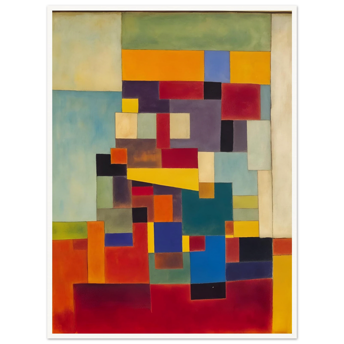 A vivid mosaic of geometric color blocks in red, blue, yellow, and green, forming a modern, rhythmic visual balance.