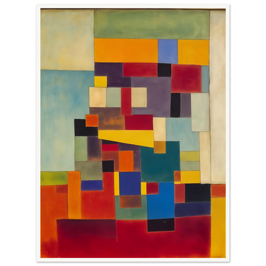 A vivid mosaic of geometric color blocks in red, blue, yellow, and green, forming a modern, rhythmic visual balance.