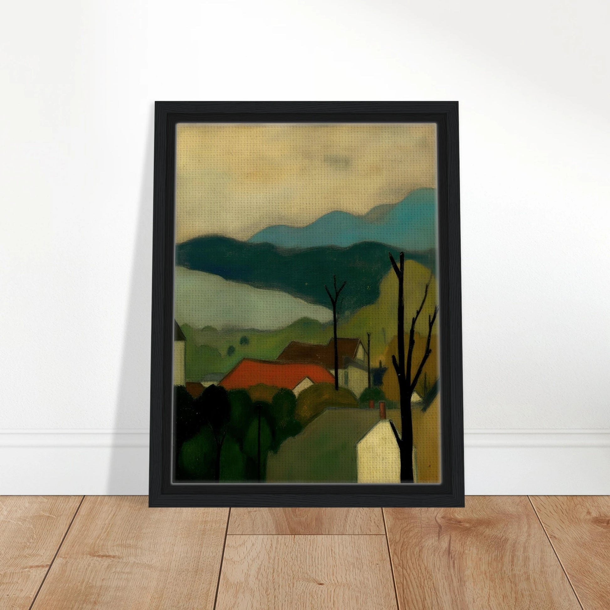 A serene landscape painting depicting a small village with red-roofed houses nestled among trees, set against layered blue-green mountains and a pale sky. Bare tree silhouettes frame the peaceful countryside scene.